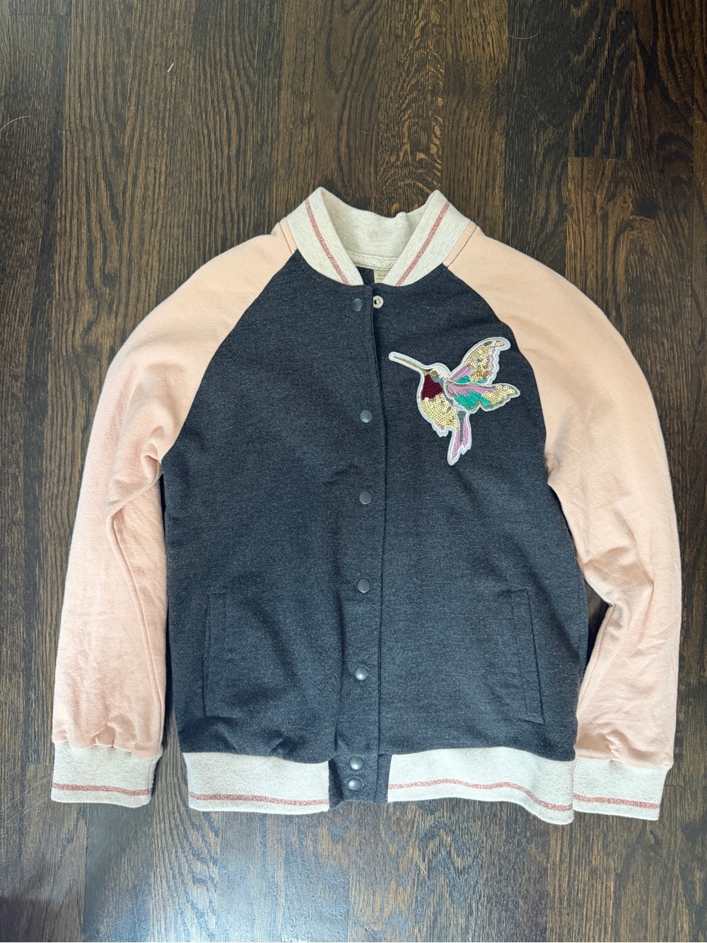 Zara Girls Two-Tone Pink & Charcoal Bomber Jacket with Hummingbird Patch